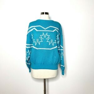 MASER Vintage Sweater Blue White Crew Neck Snowflake Blue White